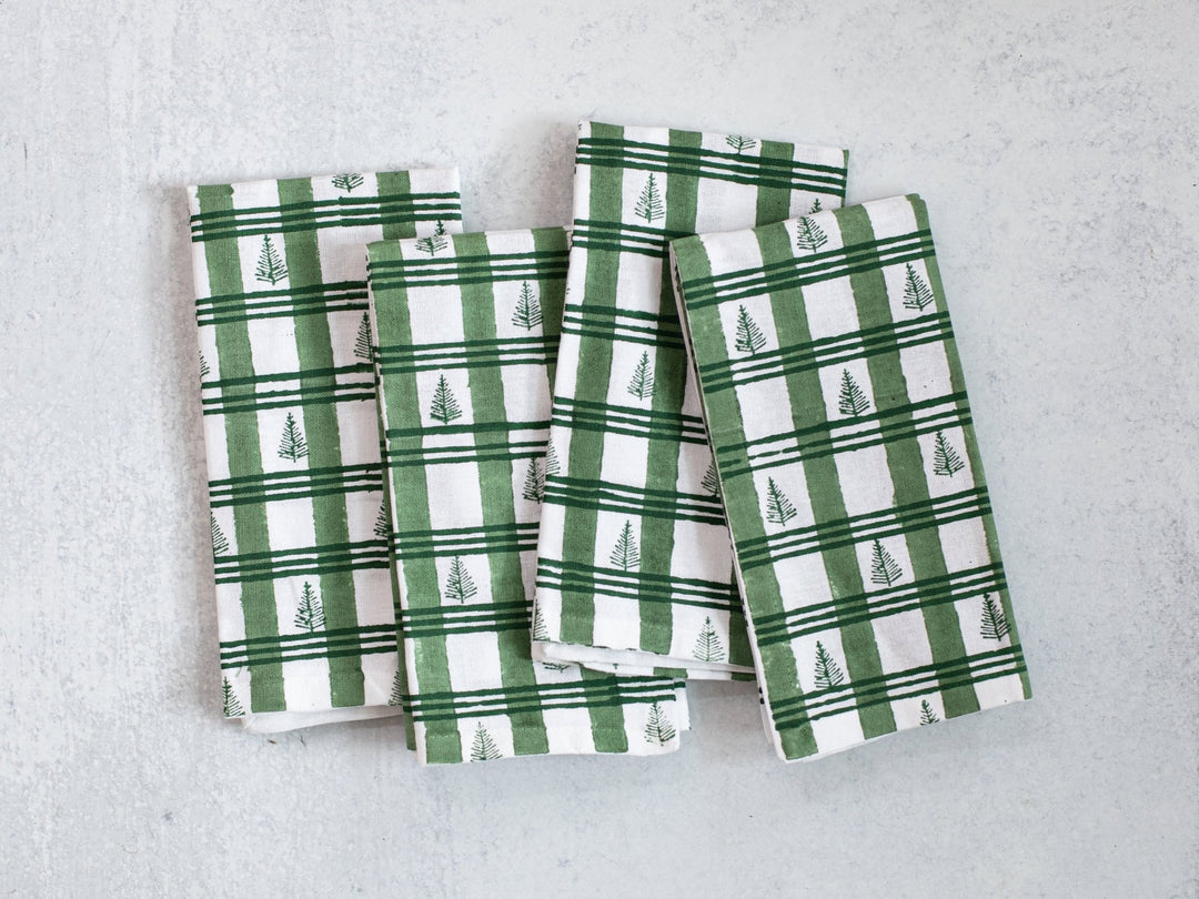 Dinner Napkins (set of 4) - Plaid Trees, Sage & Evergreen - The Mended Company