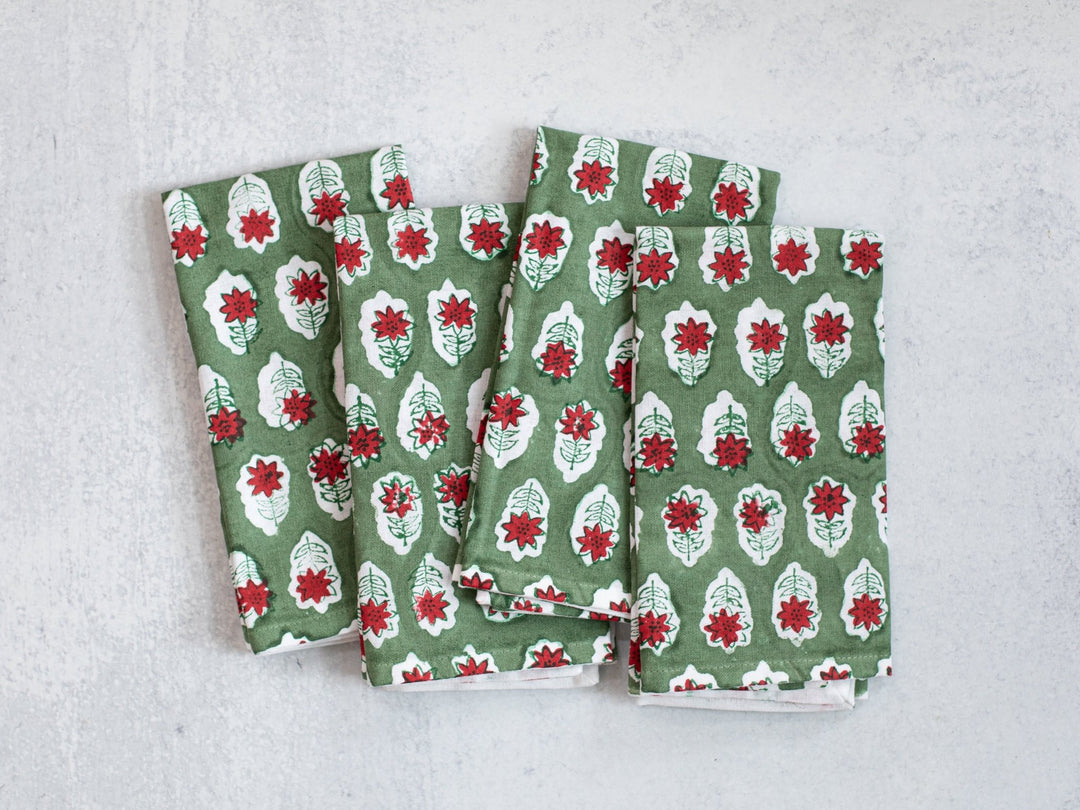 Dinner Napkins (set of 4) - Poinsettia, Sage & Red - The Mended Company
