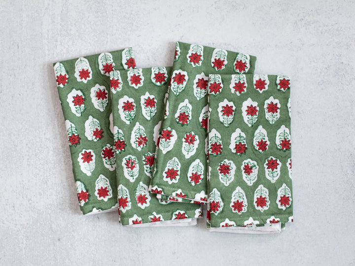 Dinner Napkins (set of 4) - Poinsettia, Sage & Red - The Mended Company
