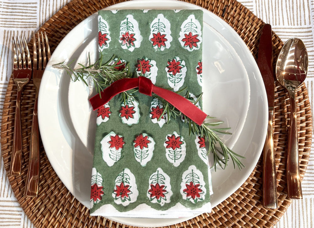Dinner Napkins (set of 4) - Poinsettia, Sage & Red - The Mended Company