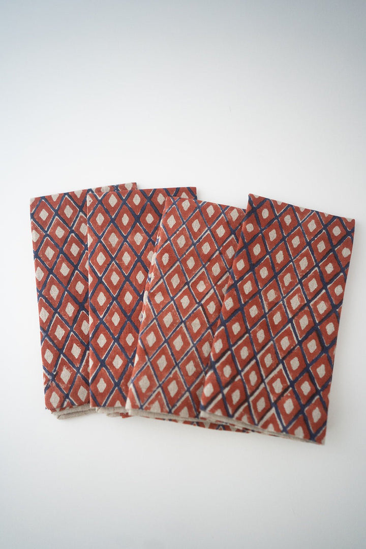 Flax Linen Napkins (set of 4) - Ikat FILL, Navy &amp; Terracotta - The Mended Company