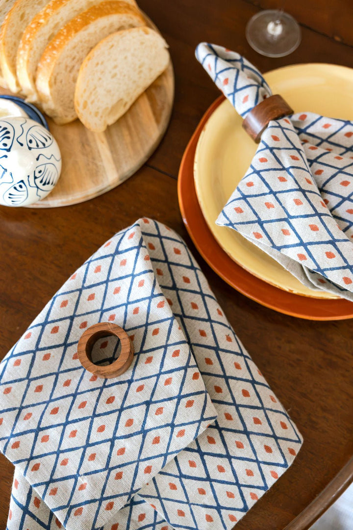 Flax Linen Napkins (set of 4) - Ikat, Navy &amp; Terracotta - The Mended Company