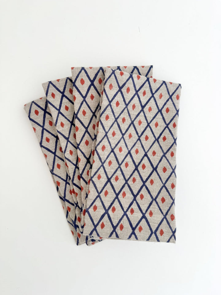 Flax Linen Napkins (set of 4) - Ikat, Navy &amp; Terracotta - The Mended Company