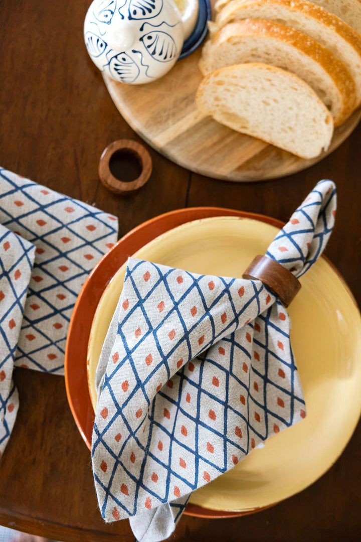 Flax Linen Napkins (set of 4) - Ikat, Navy &amp; Terracotta - The Mended Company