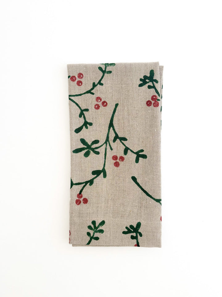 Flax Linen Napkins (set of 4) - Winterberry, Evergreen &amp; Red - The Mended Company