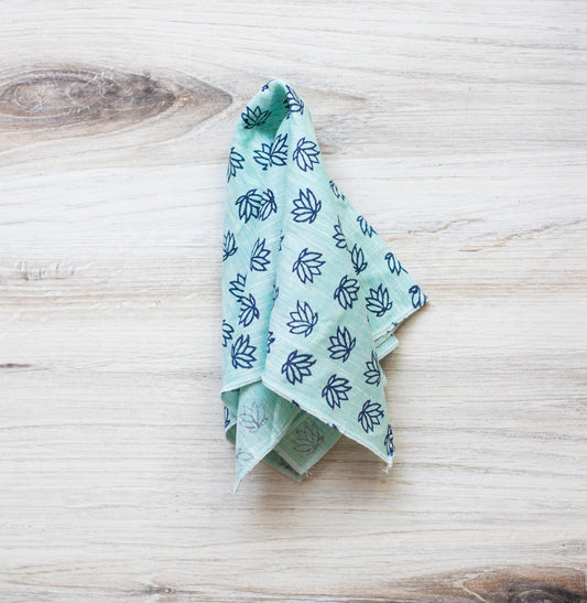 Pocket Square - Sea Green Linen with Baby Lotus, Navy