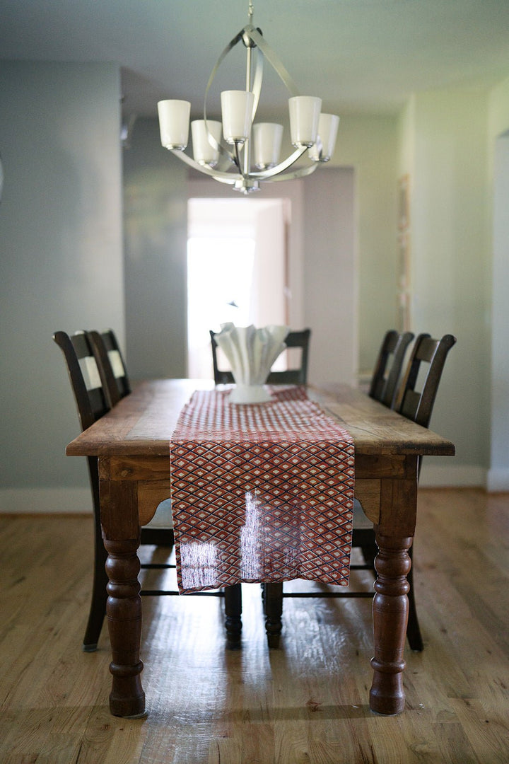 Hand Block Printed Table Runner (Flax Linen) - Ikat, Terracotta - The Mended Company