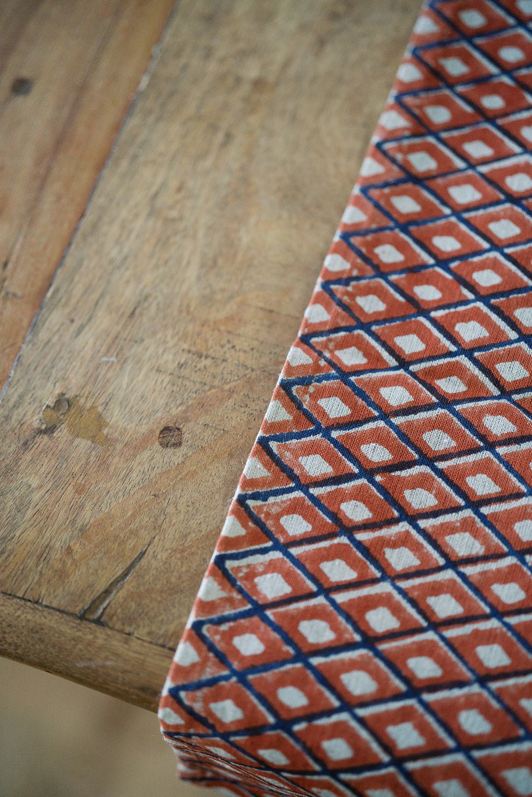 Hand Block Printed Table Runner (Flax Linen) - Ikat, Terracotta - The Mended Company