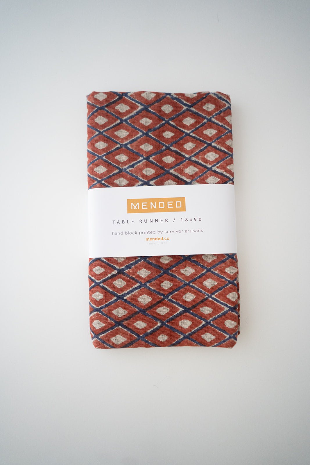 Hand Block Printed Table Runner (Flax Linen) - Ikat, Terracotta - The Mended Company