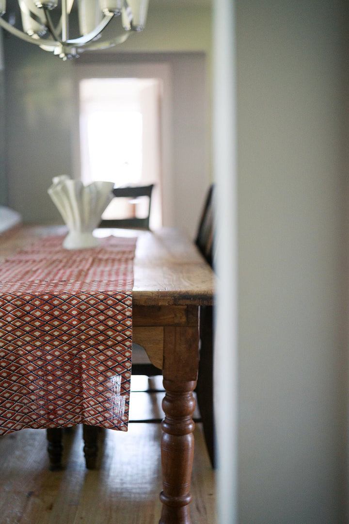Hand Block Printed Table Runner (Flax Linen) - Ikat, Terracotta - The Mended Company