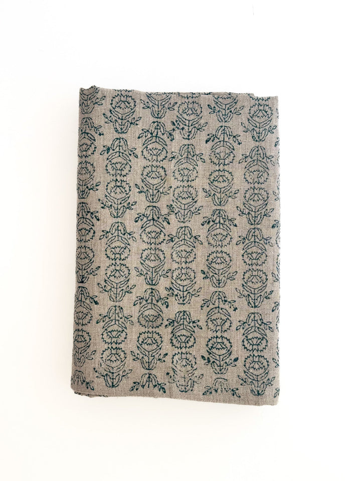Hand Block Printed Table Runner (Flax Linen) - Protea, Midnight - The Mended Company