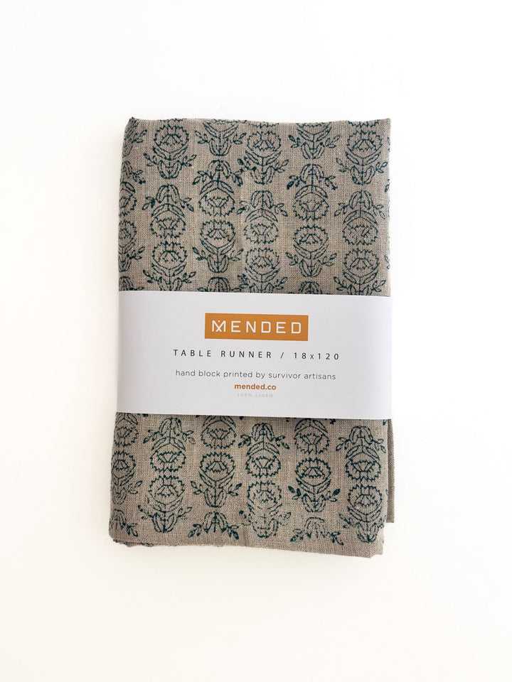 Hand Block Printed Table Runner (Flax Linen) - Protea, Midnight - The Mended Company