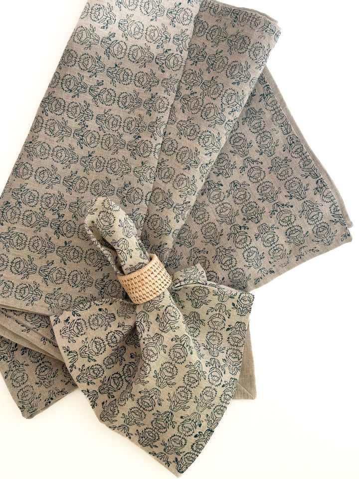 Hand Block Printed Table Runner (Flax Linen) - Protea, Midnight - The Mended Company