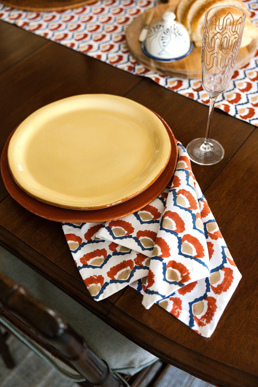 Hand Block Printed Table Runner - Modern Poppy, Terracotta - The Mended Company