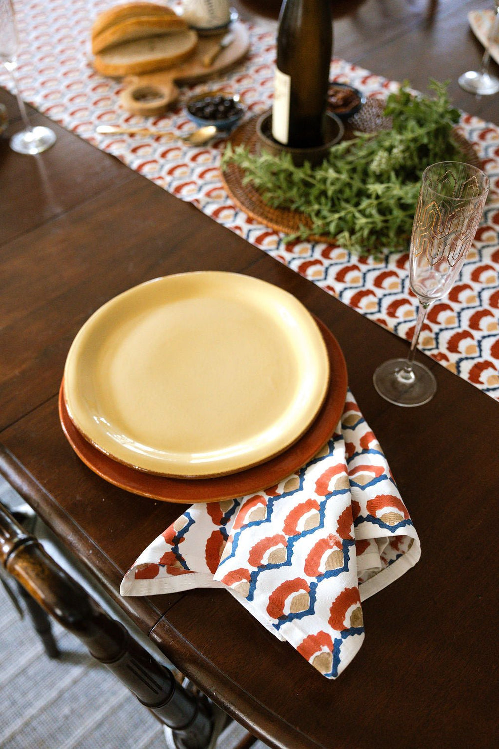 Hand Block Printed Table Runner - Modern Poppy, Terracotta - The Mended Company