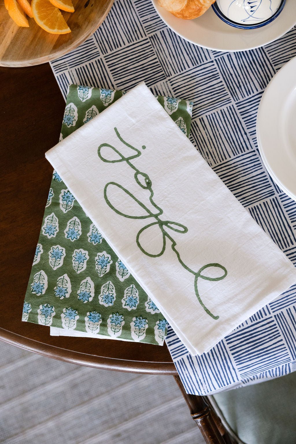 Hand Block Printed Table Runner - Stripe, Navy - The Mended Company