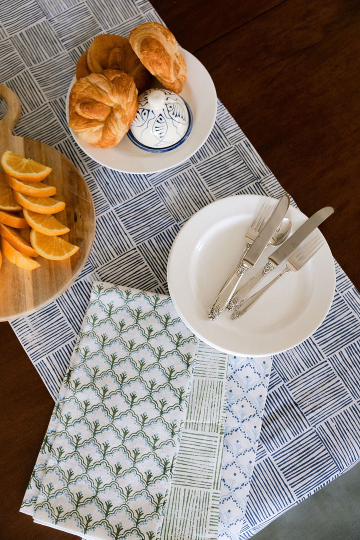 Hand Block Printed Table Runner - Stripe, Navy - The Mended Company