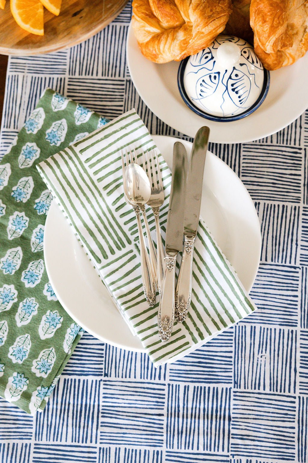 Hand Block Printed Table Runner - Stripe, Navy - The Mended Company