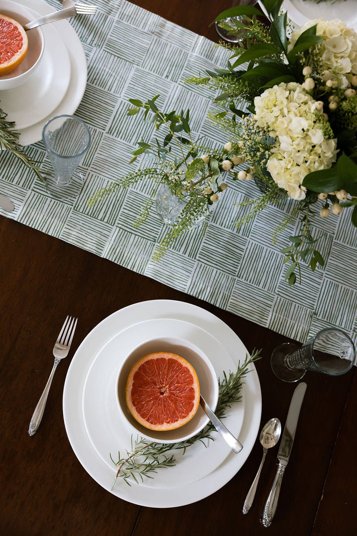 Hand Block Printed Table Runner - Stripe, Sage - The Mended Company