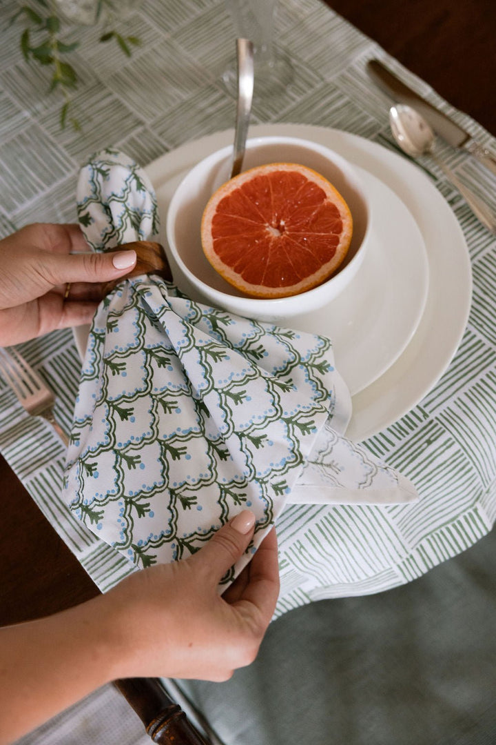 Hand Block Printed Table Runner - Stripe, Sage - The Mended Company