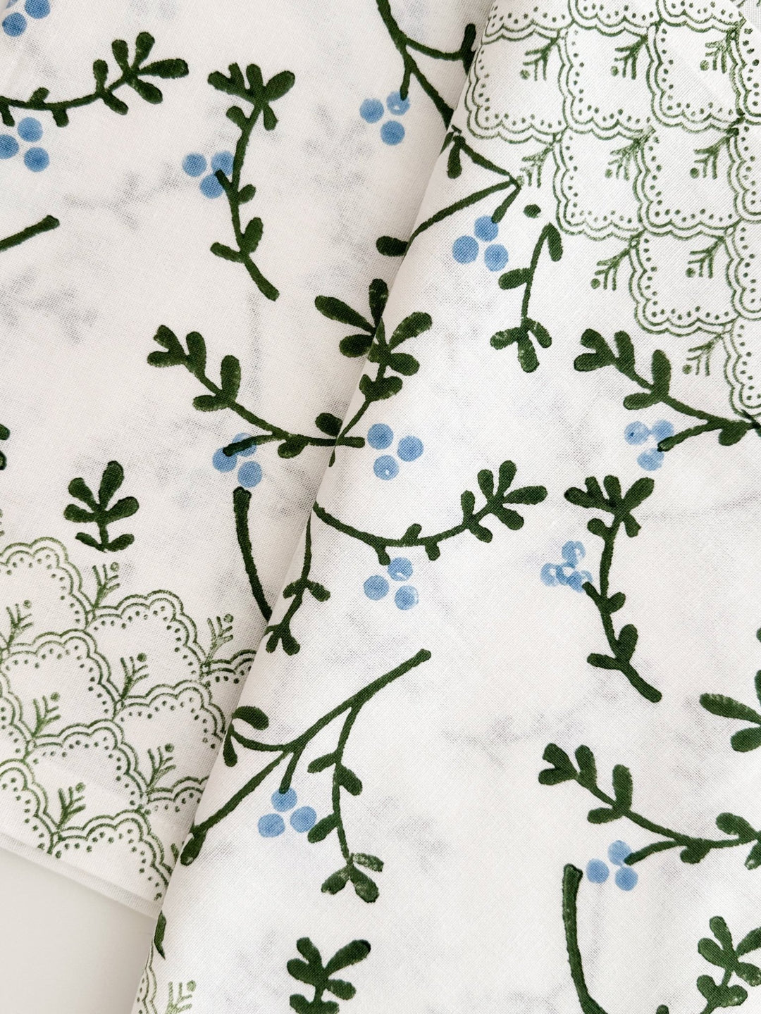 Hand Block Printed Table Runner - Winterberry, Sage &amp; Uniform Blue - The Mended Company