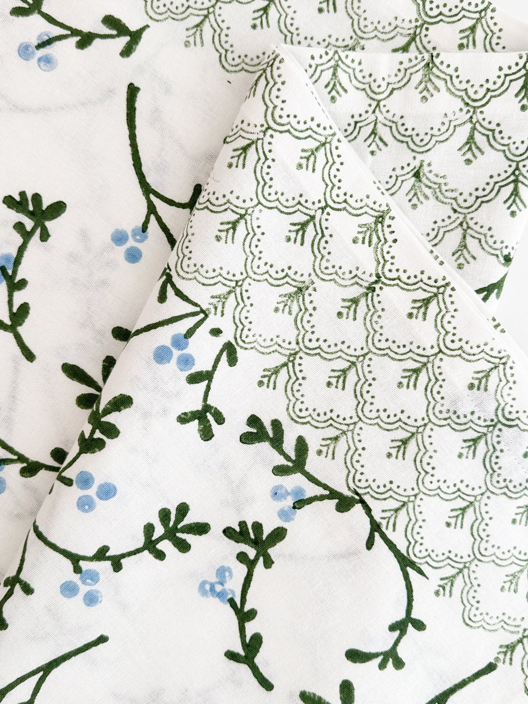 Hand Block Printed Table Runner - Winterberry, Sage &amp; Uniform Blue - The Mended Company