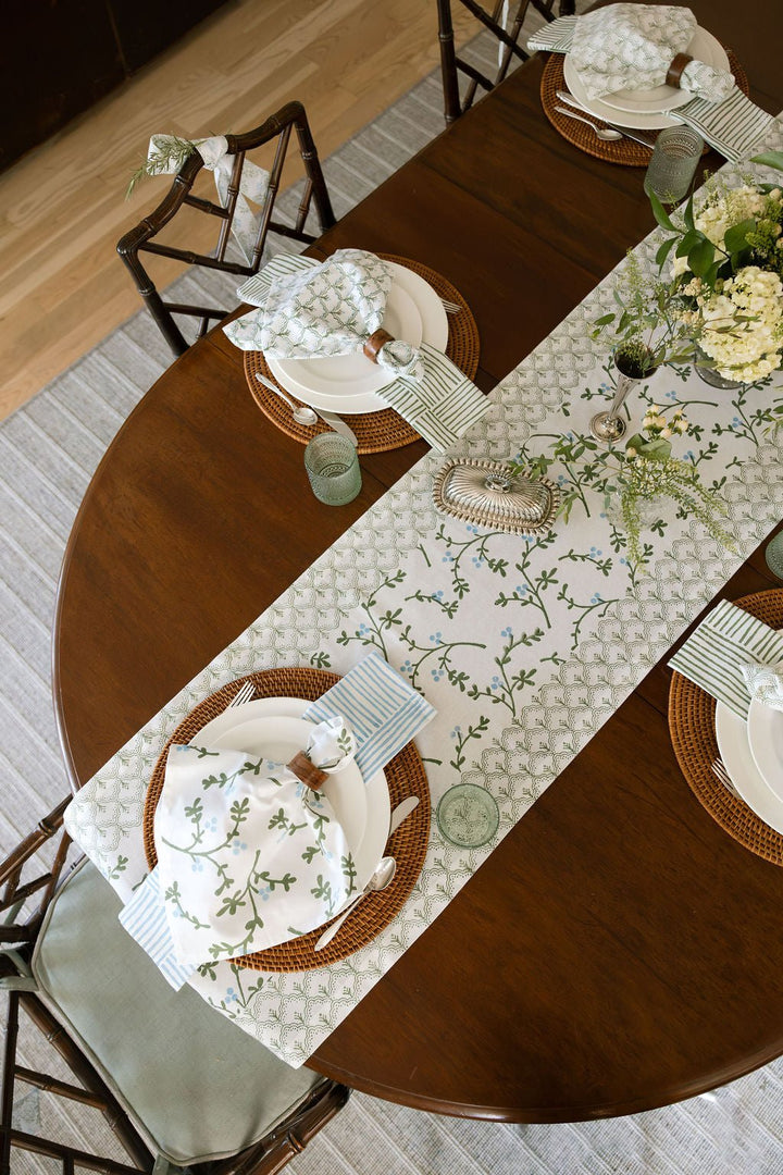 Hand Block Printed Table Runner - Winterberry, Sage &amp; Uniform Blue - The Mended Company
