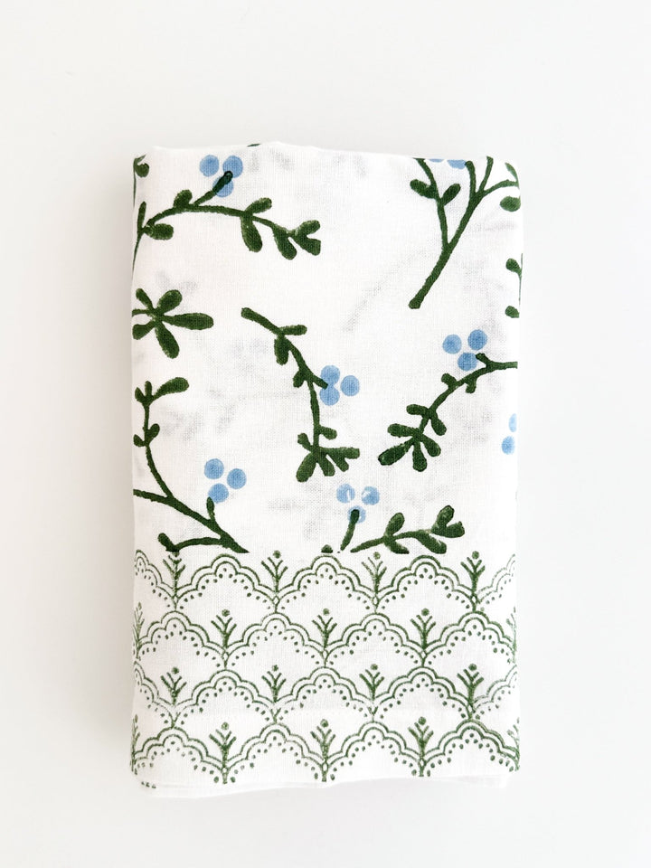 Hand Block Printed Table Runner - Winterberry, Sage &amp; Uniform Blue - The Mended Company