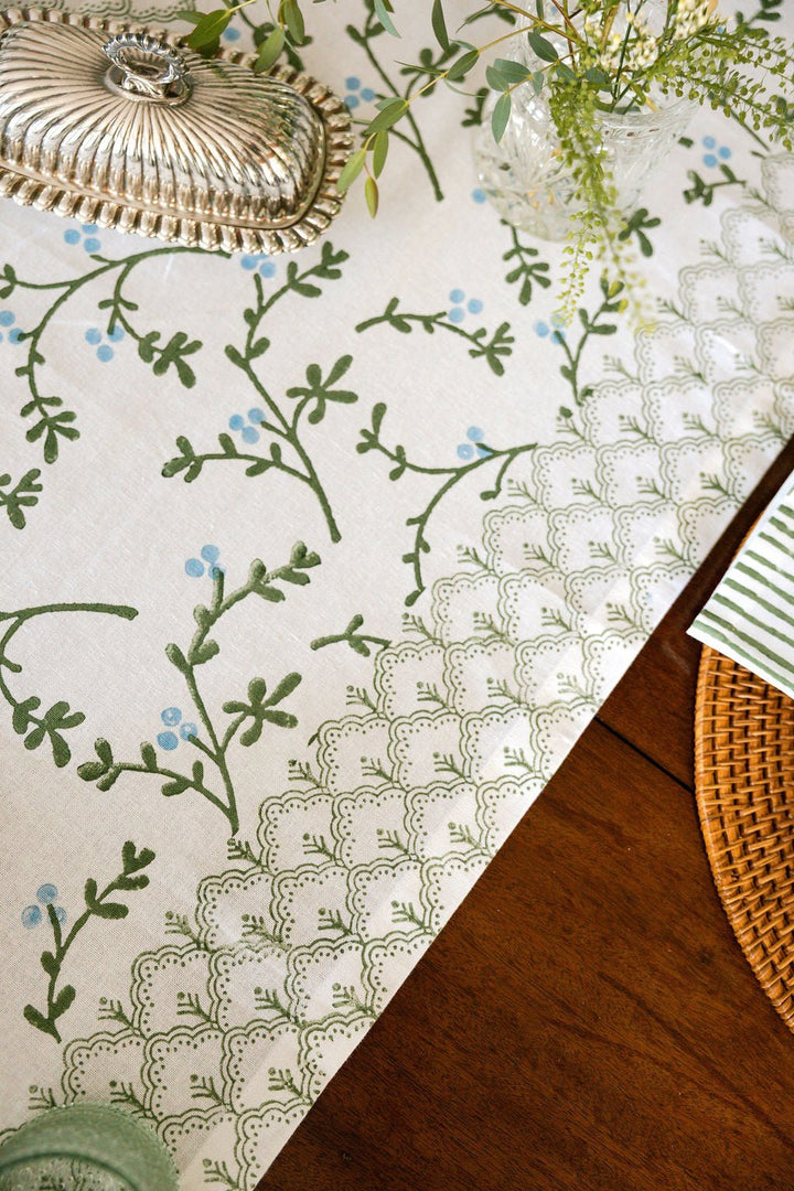 Hand Block Printed Table Runner - Winterberry, Sage &amp; Uniform Blue - The Mended Company