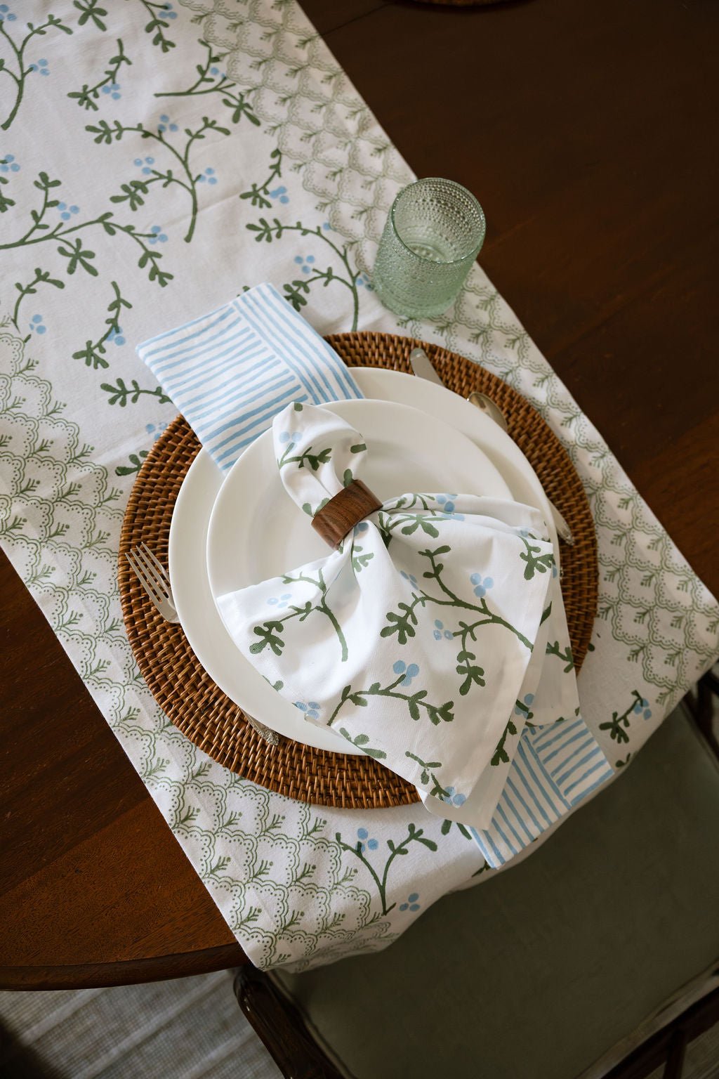 Hand Block Printed Table Runner - Winterberry, Sage & Uniform Blue - The Mended Company