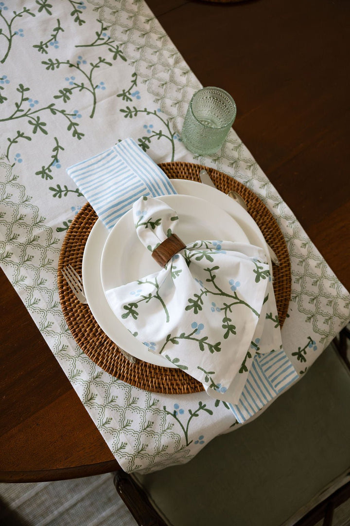 Hand Block Printed Table Runner - Winterberry, Sage &amp; Uniform Blue - The Mended Company