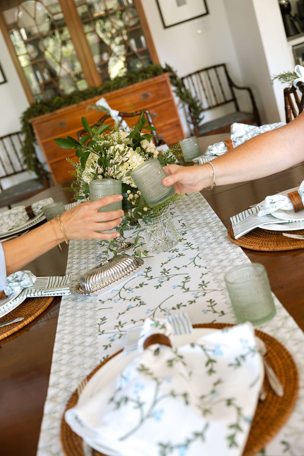 Hand Block Printed Table Runner - Winterberry, Sage &amp; Uniform Blue - The Mended Company