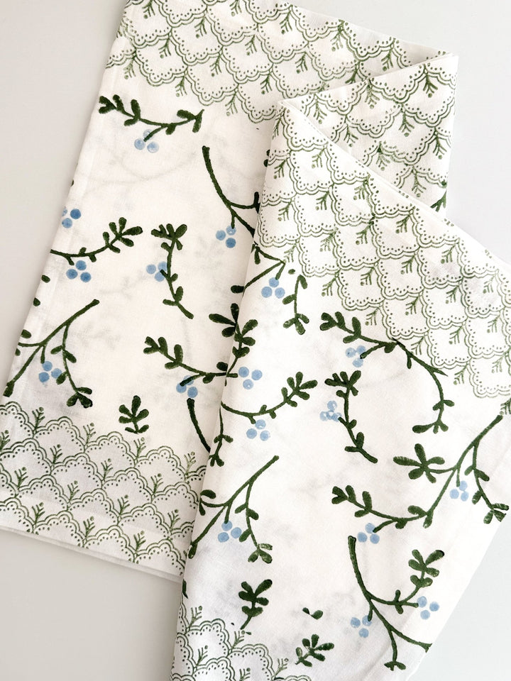 Hand Block Printed Table Runner - Winterberry, Sage &amp; Uniform Blue - The Mended Company