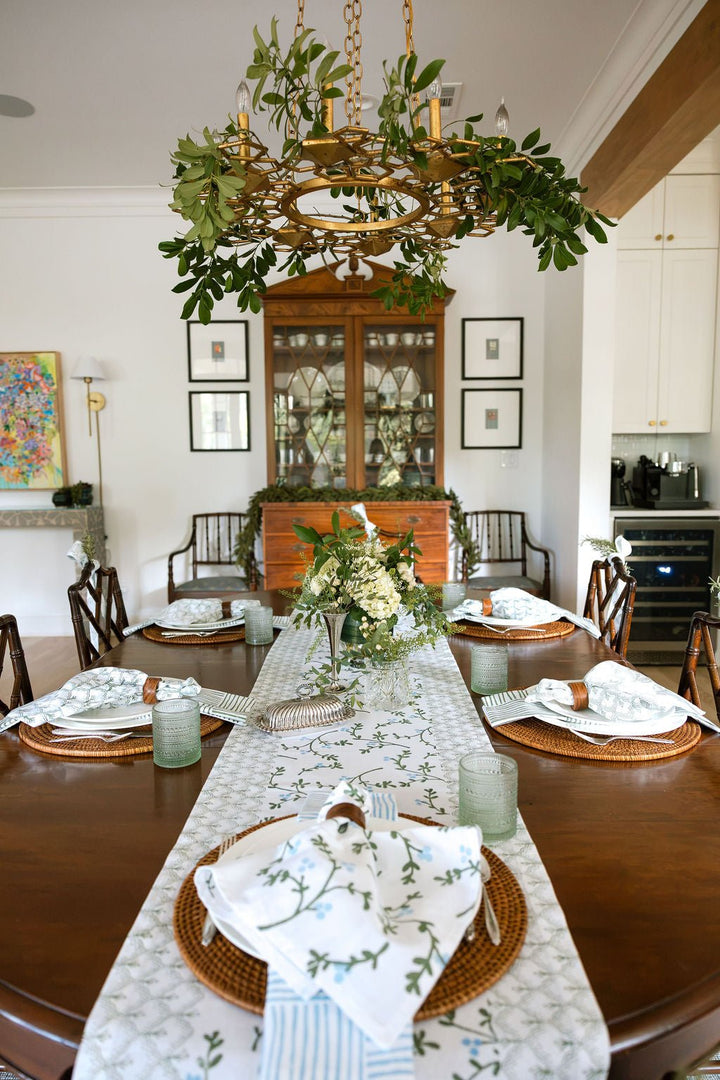 Hand Block Printed Table Runner - Winterberry, Sage &amp; Uniform Blue - The Mended Company