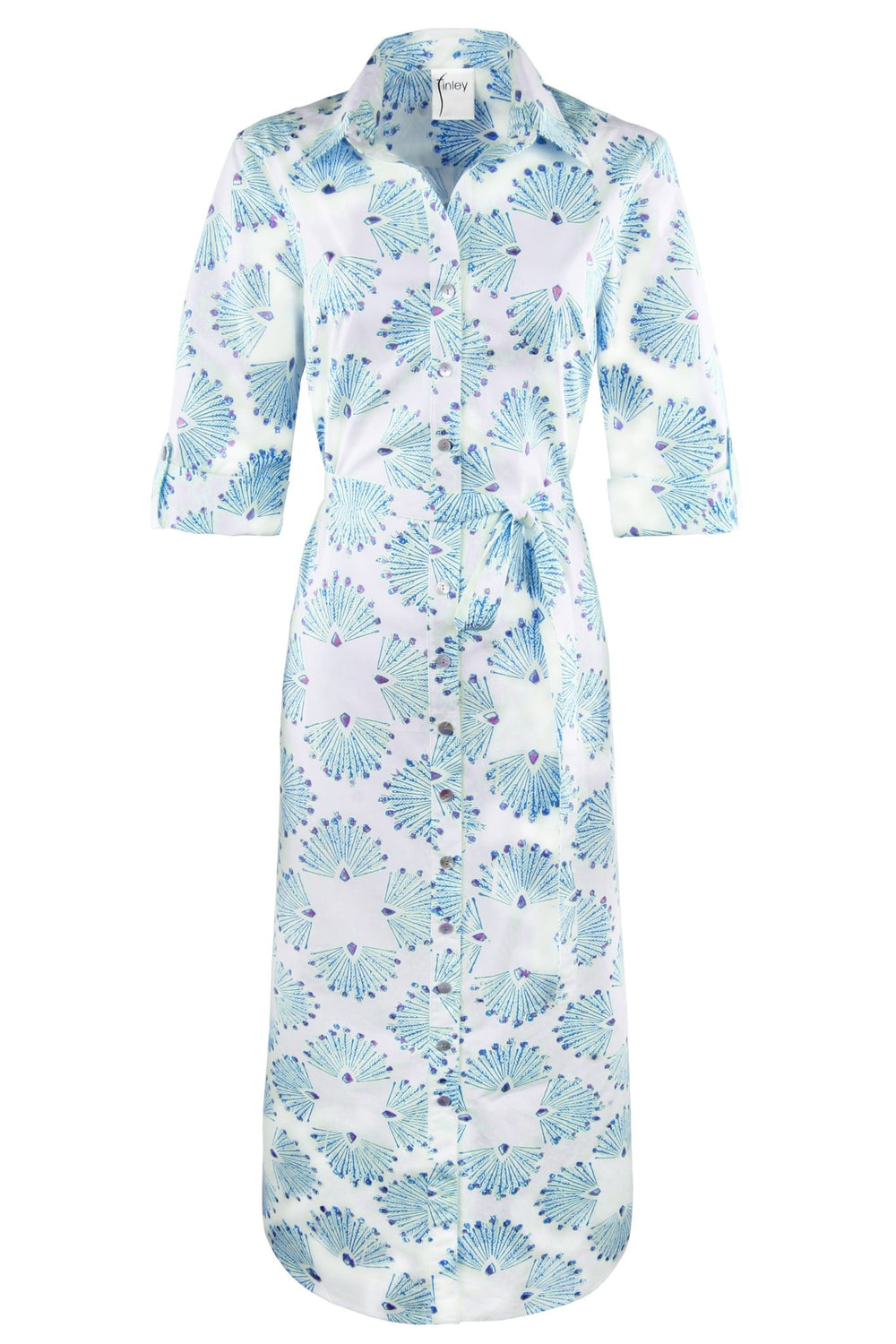 MENDED Alex Long Shirtdress Turquoise Peacock Print - The Mended Company