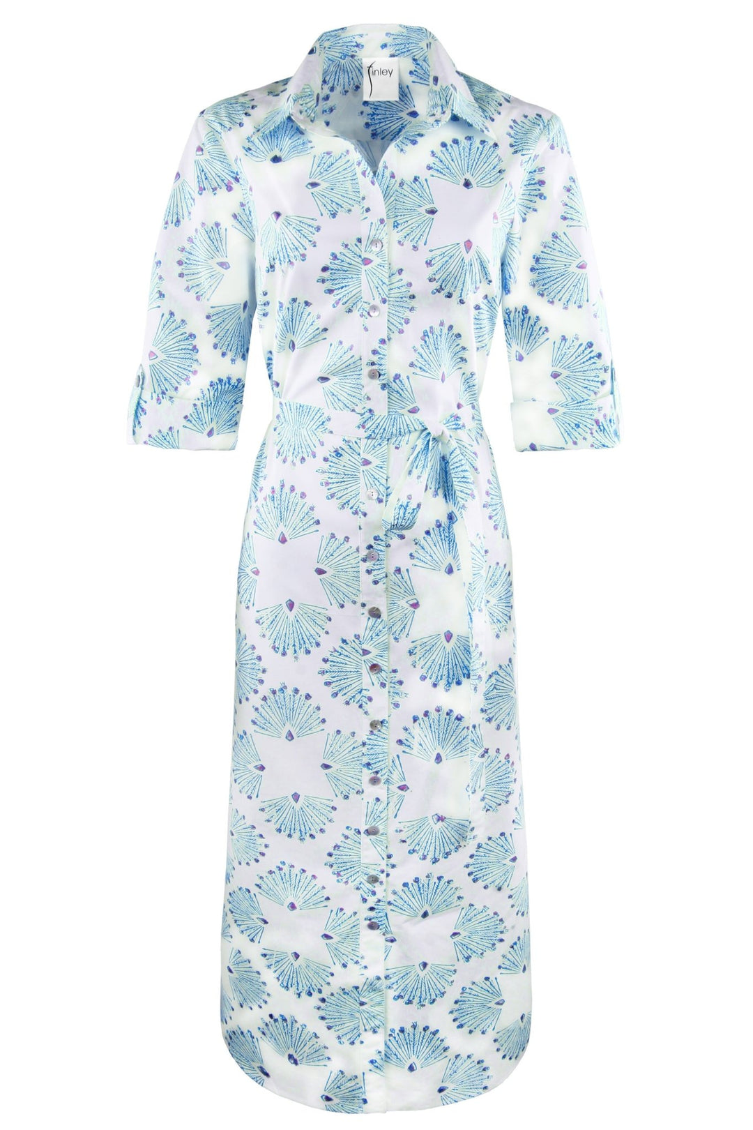 MENDED Alex Long Shirtdress Turquoise Peacock Print - The Mended Company