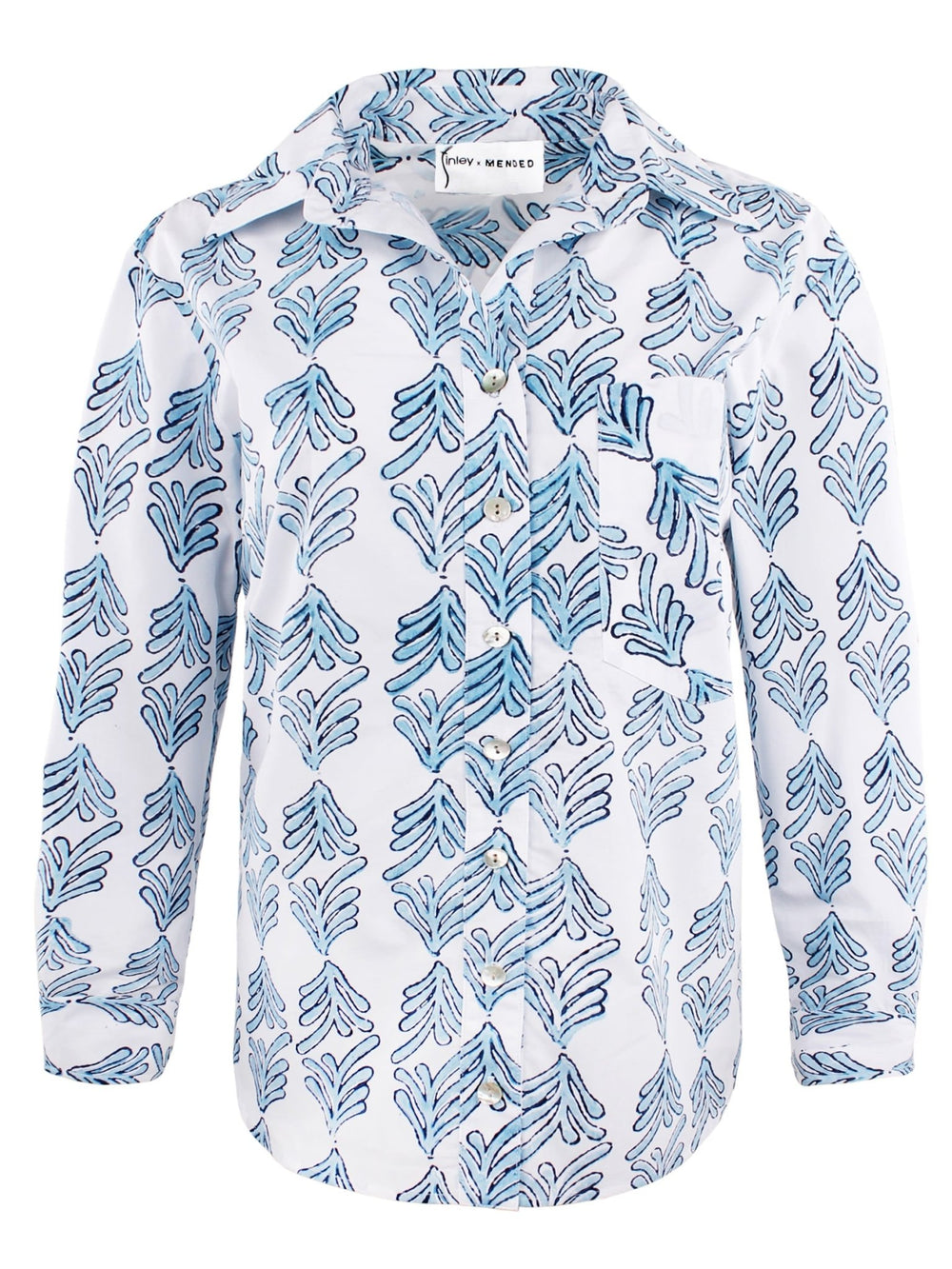 MENDED Andie Button Down Shirt Blue Palmetto Print - The Mended Company