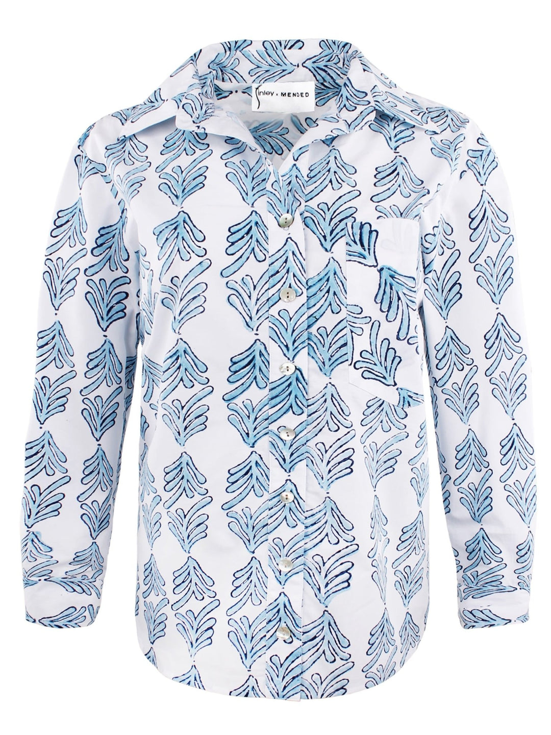 MENDED Andie Button Down Shirt Blue Palmetto Print - The Mended Company