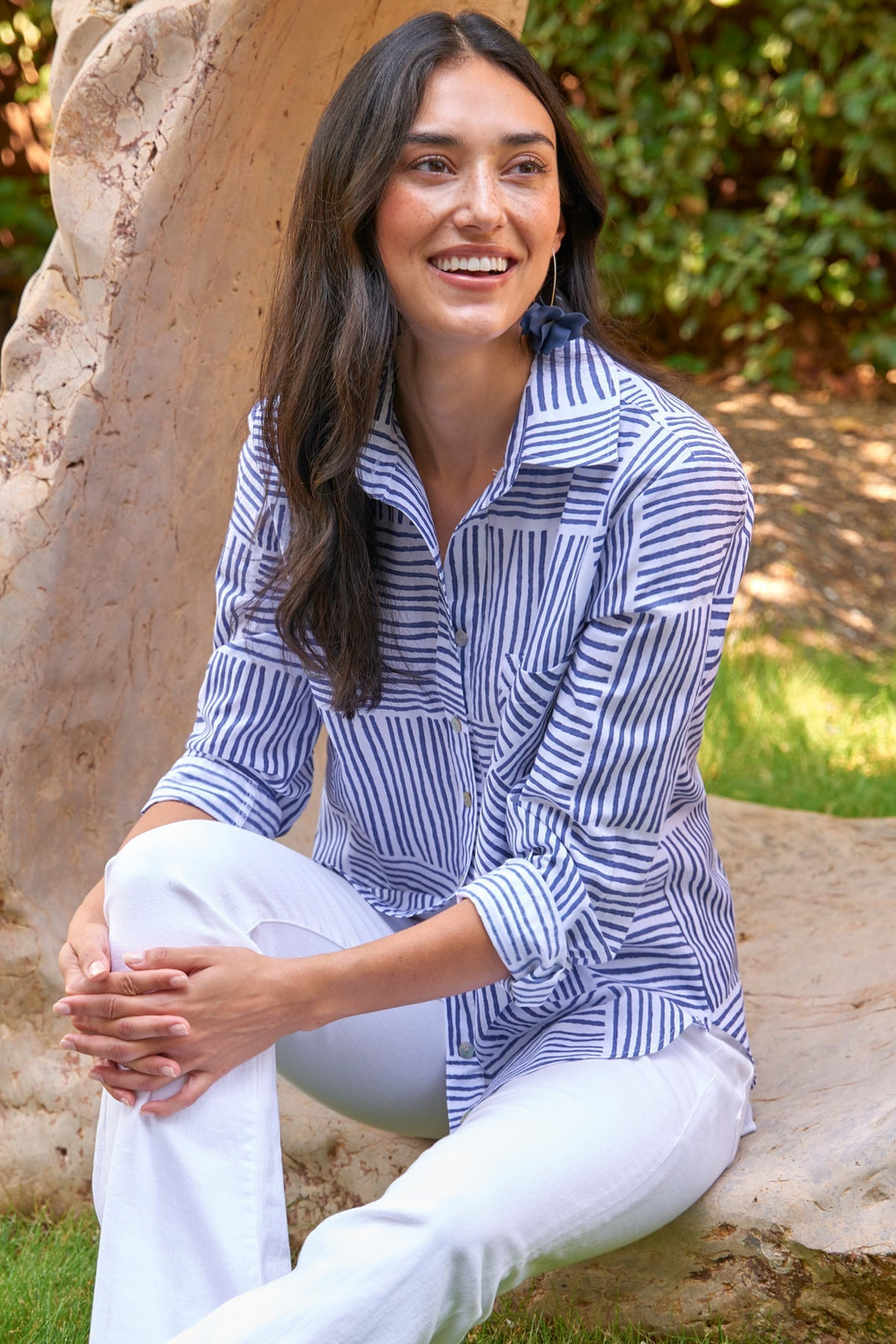 MENDED Andie Button Down Shirt Navy Block Stripe Print Shirt - The Mended Company