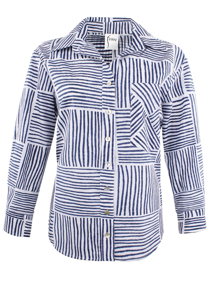 MENDED Andie Button Down Shirt Navy Block Stripe Print Shirt - The Mended Company