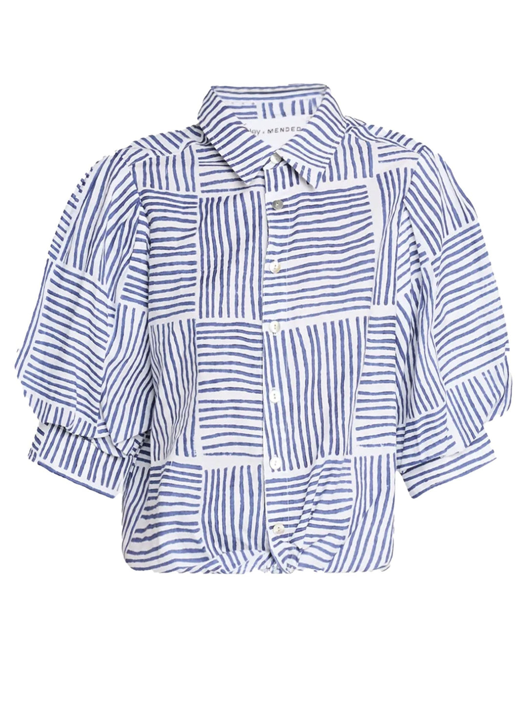MENDED Bomba Twist-Hem Short Sleeve Shirt, Navy Block Stripe - The Mended Company