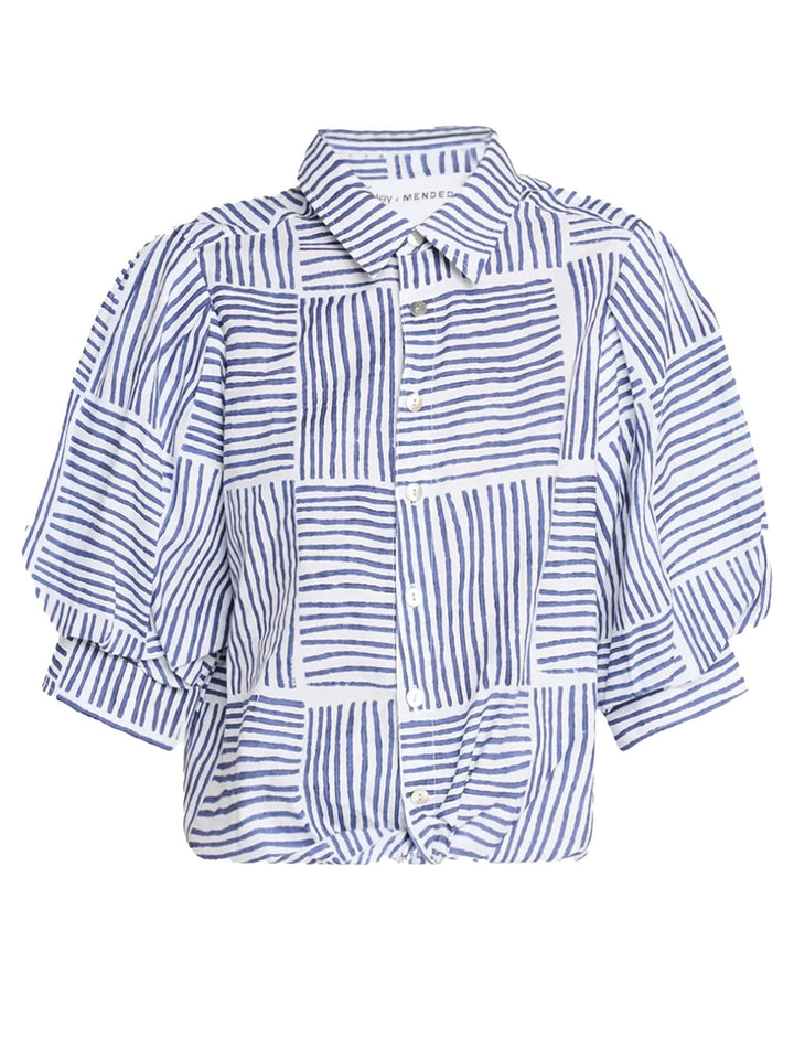 MENDED Bomba Twist-Hem Short Sleeve Shirt, Navy Block Stripe - The Mended Company