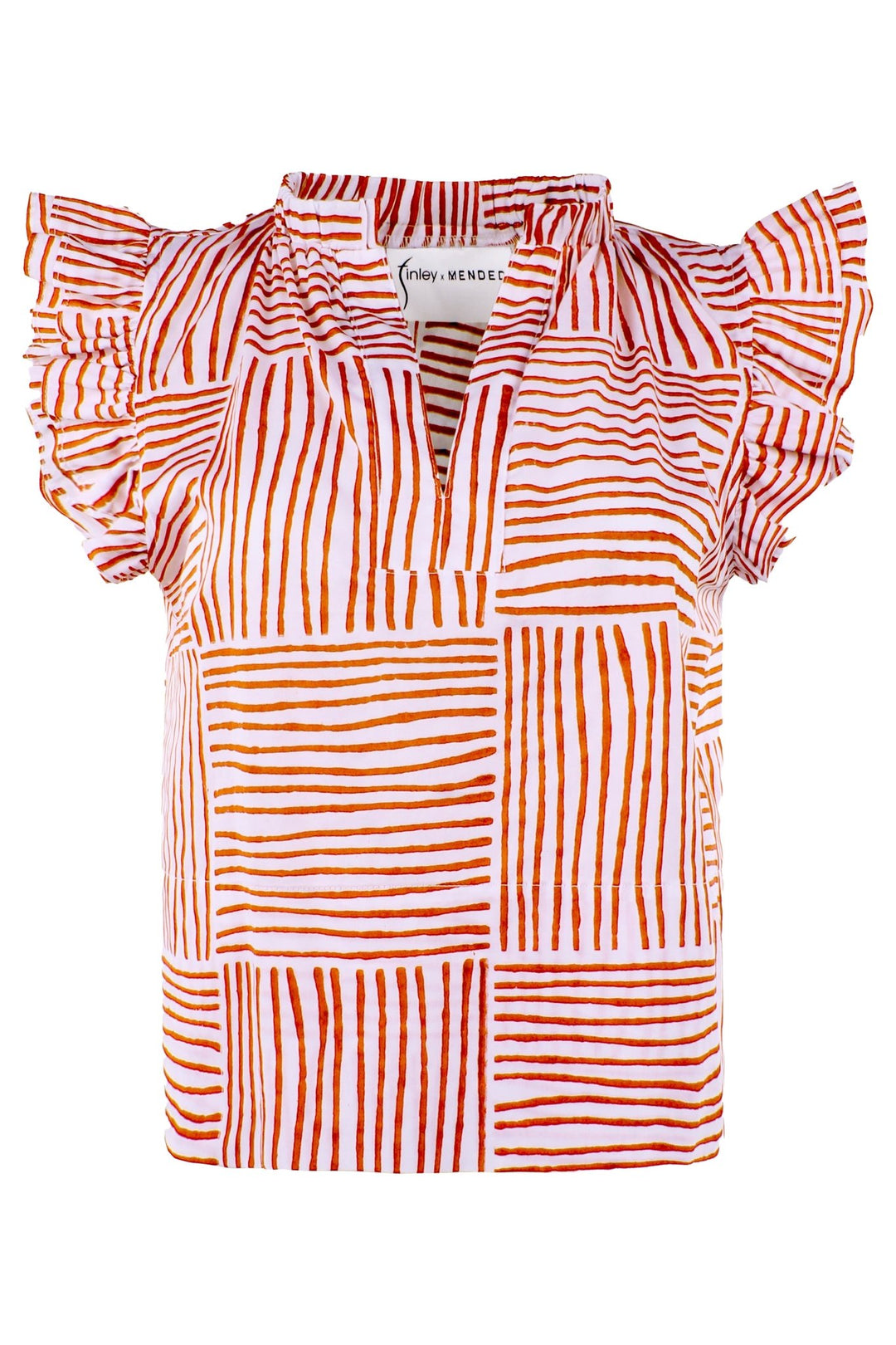 MENDED Remy Ruffle Sleeve Top, Burnt Orange Block Stripe - The Mended Company