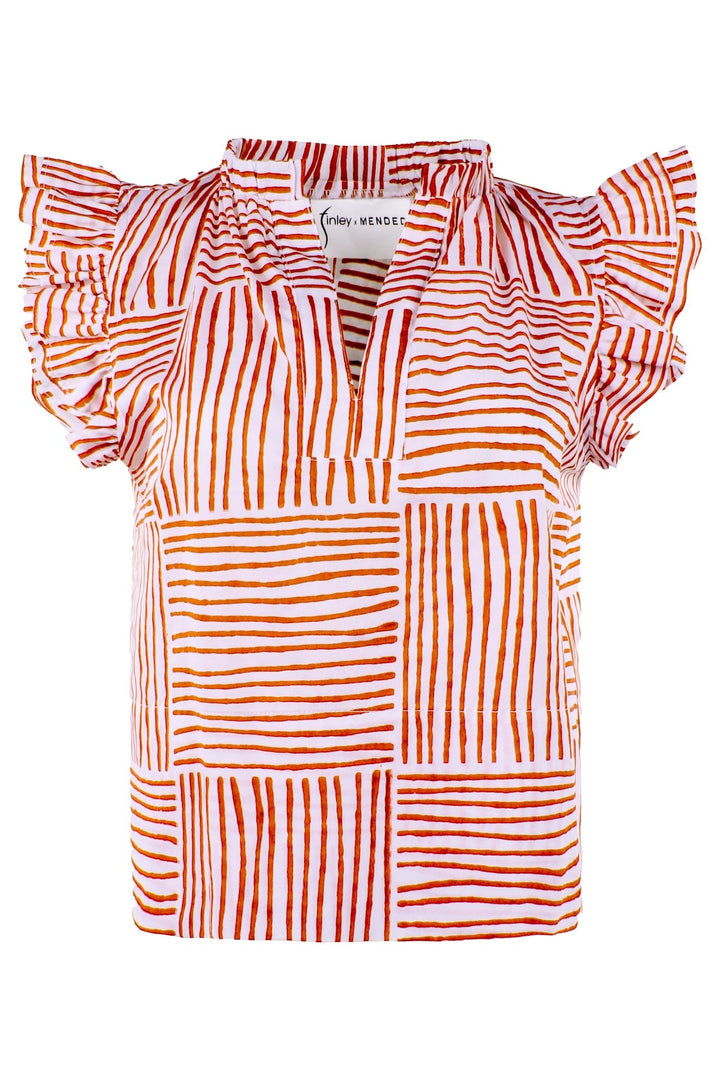 MENDED Remy Ruffle Sleeve Top, Burnt Orange Block Stripe - The Mended Company