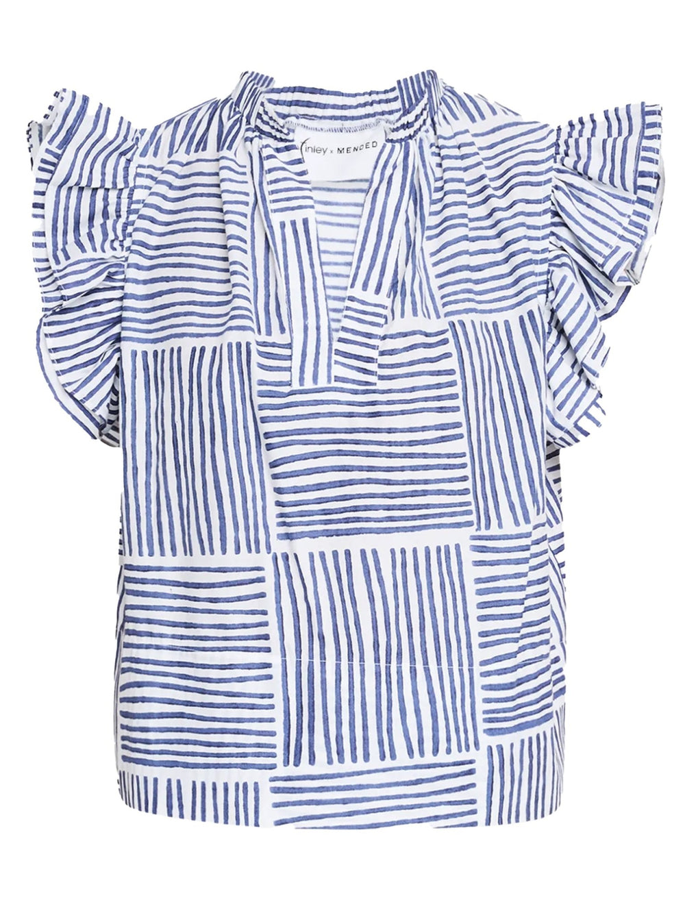 MENDED Remy Ruffle Sleeve Top, Navy Block Stripe - The Mended Company