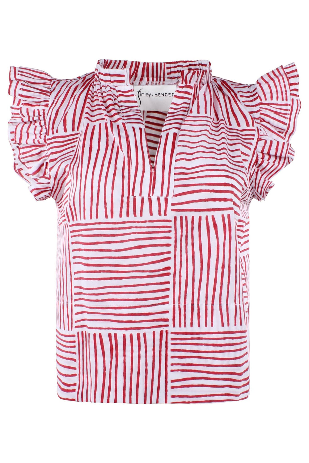 MENDED Remy Ruffle Sleeve Top, Red Block Stripe - The Mended Company