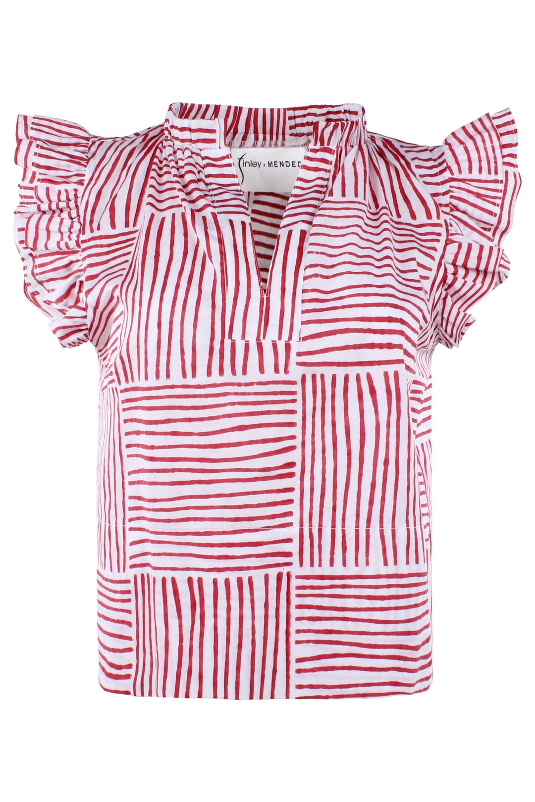 MENDED Remy Ruffle Sleeve Top, Red Block Stripe - The Mended Company