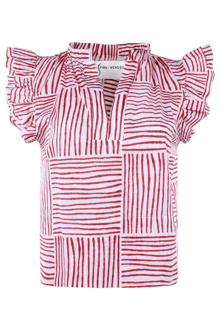 MENDED Remy Ruffle Sleeve Top, Red Block Stripe - The Mended Company