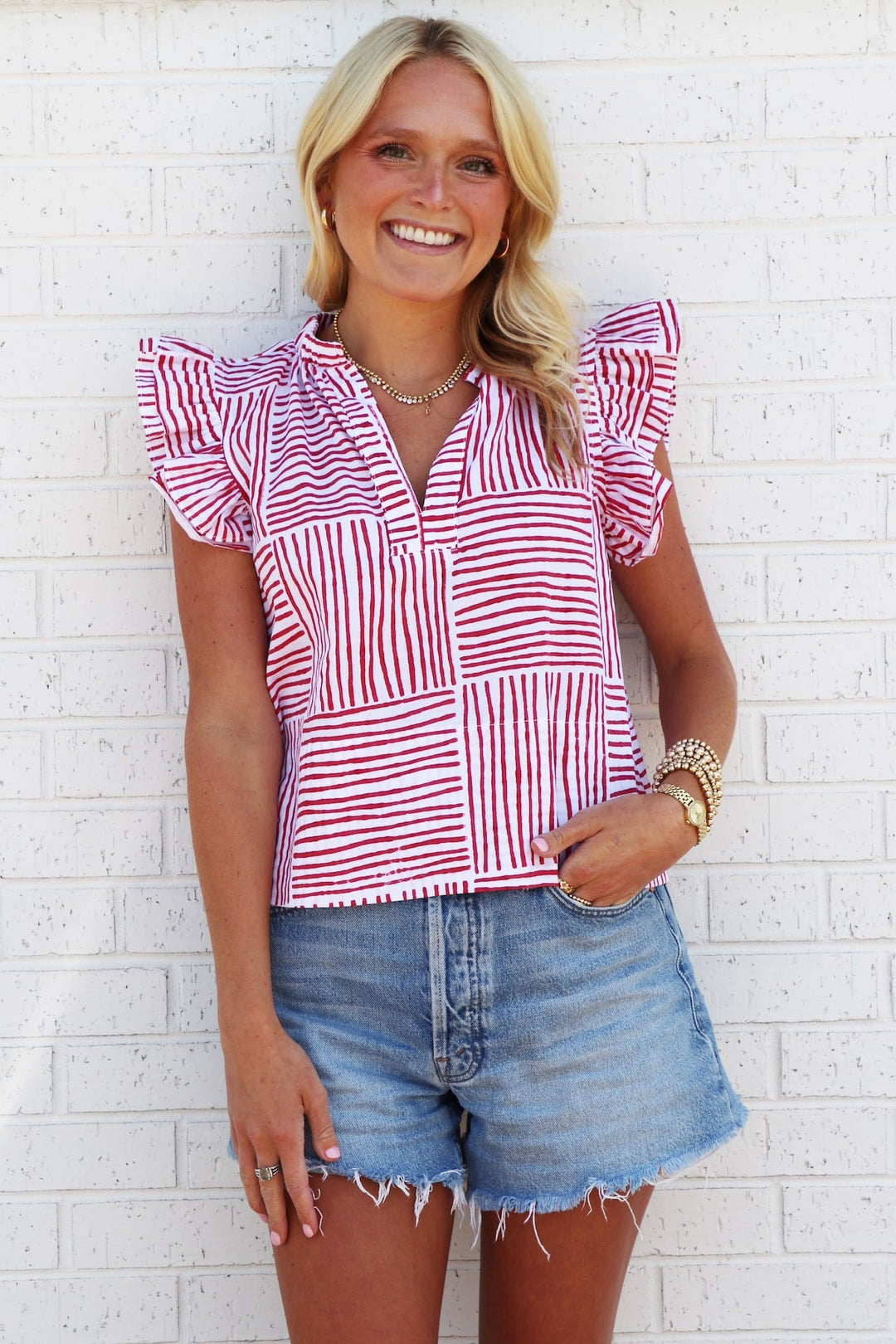 MENDED Remy Ruffle Sleeve Top, Red Block Stripe - The Mended Company