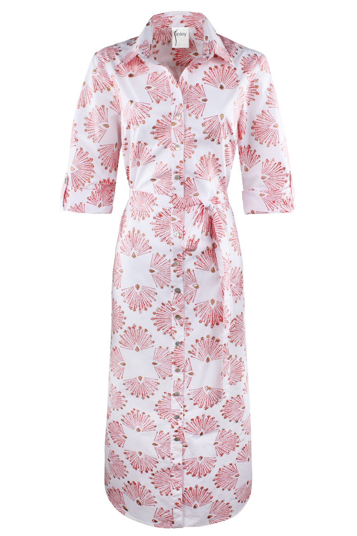 MENDED Alex Long Shirtdress Coral Peacock Print